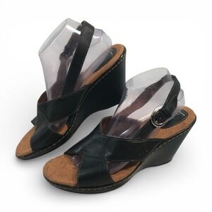 B.O.C. Born Concept Black Leather Strappy Buckle Wedge Womens US 11M EU 43 UK 9